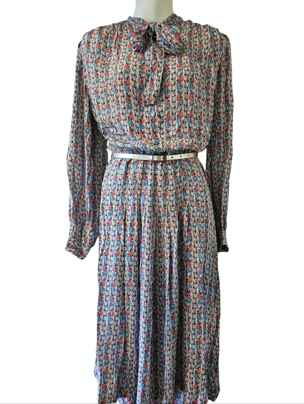 Vintage 80s 100 Silk Midi Dress Long Sleeve Bow Tie Serbaldi Da Firenze Italy S